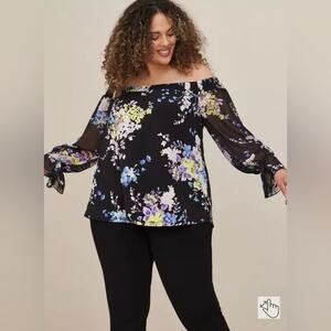 Torrid Studio Knit Off-Shoulder Smocked Chiffon Sleeve Swing Top Black Floral 3X